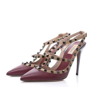 Valentino Garavani Rockstud Heels Size 39 Caged Pumps Burgundy Leather Box